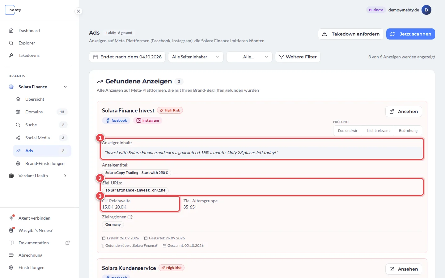 Die Details der ersten Anzeige mit dem Feld „Anzeigeninhalt“ (1), dem Feld „Ziel-URLs“ (2) und dem Feld „EU-Reichweite“ (3)