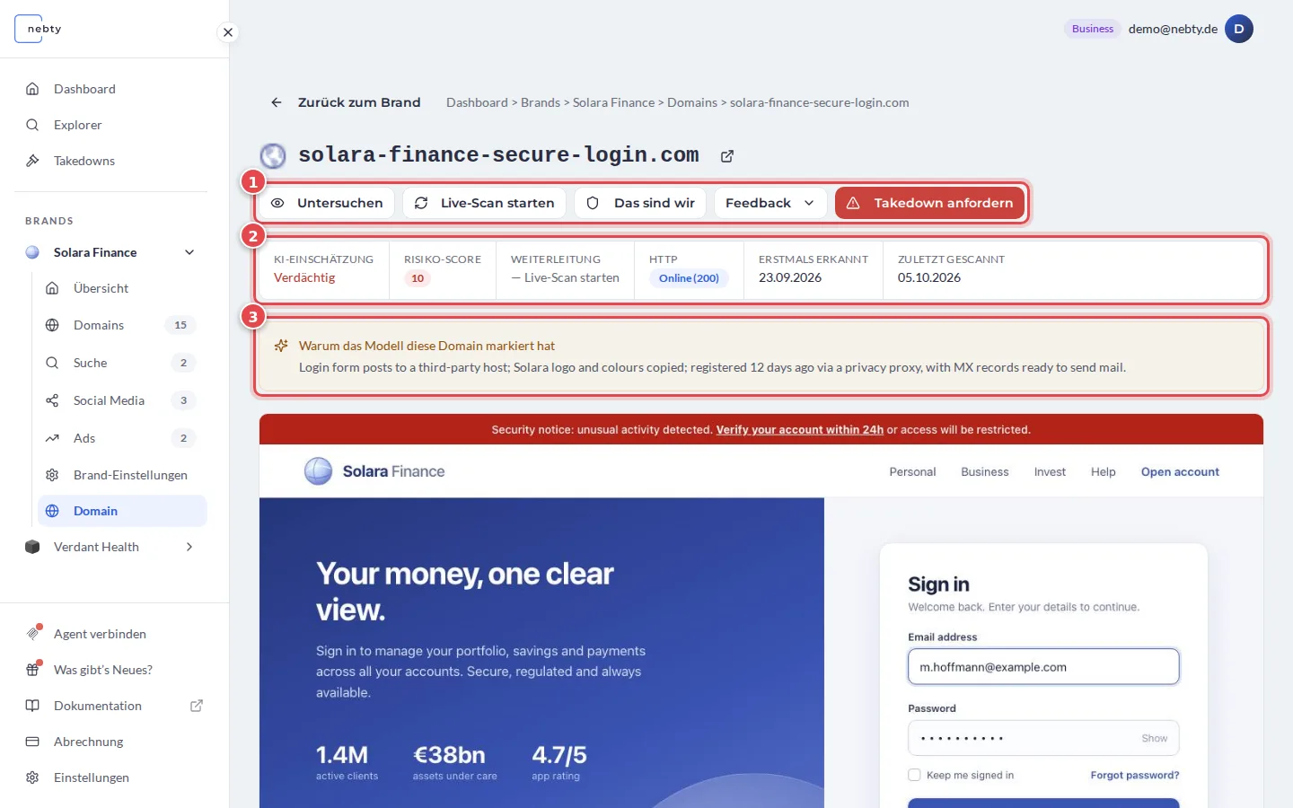 Eine Detailseite mit hohem Risiko für eine Look-alike-Login-Seite, mit der Aktionsleiste, markiert mit 1, der Statusleiste, markiert mit 2, und dem Begründungsfeld, markiert mit 3