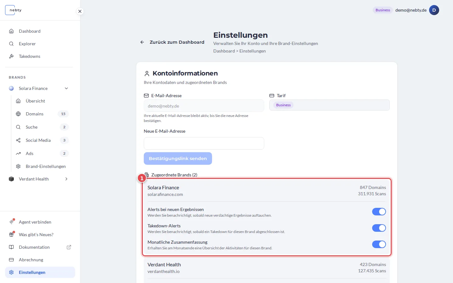 Die Seite „Einstellungen“ mit den Benachrichtigungsschaltern der ersten Brand, Solara Finance (1)