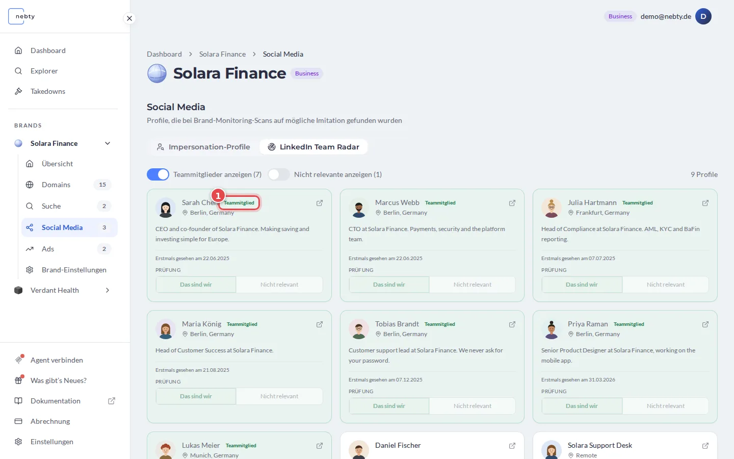 Der Tab „LinkedIn Team Radar“ mit eingeblendeten Teammitgliedern und dem Badge „Teammitglied“ des ersten Profils (1)