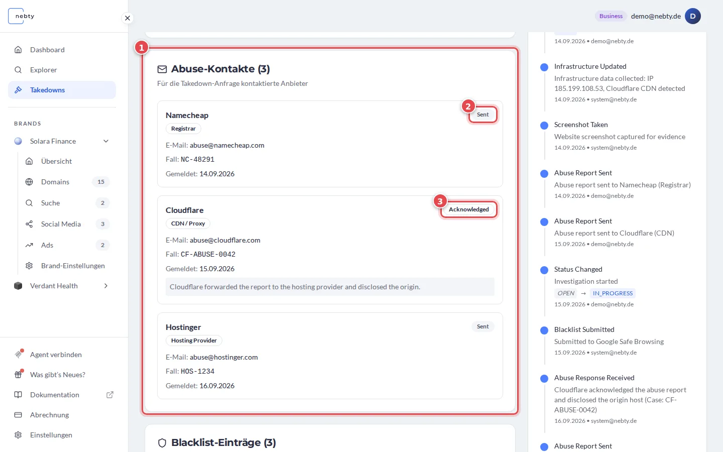 Die Karte Abuse-Kontakte eines Takedown-Falls, die Karte ist mit 1 markiert und zwei Meldestatus, Sent und Acknowledged, mit 2 und 3