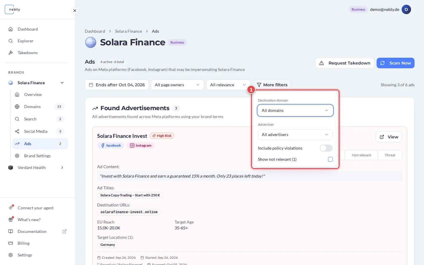 The More filters panel of the Ads tab, marked 1