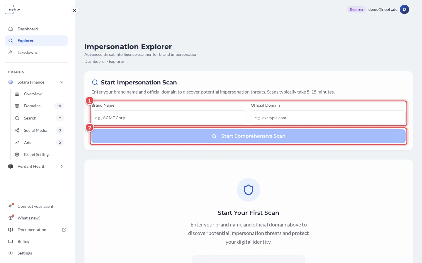 The Impersonation Explorer scan form with the Brand Name and Official Domain fields marked 1 and the Start Comprehensive Scan button marked 2