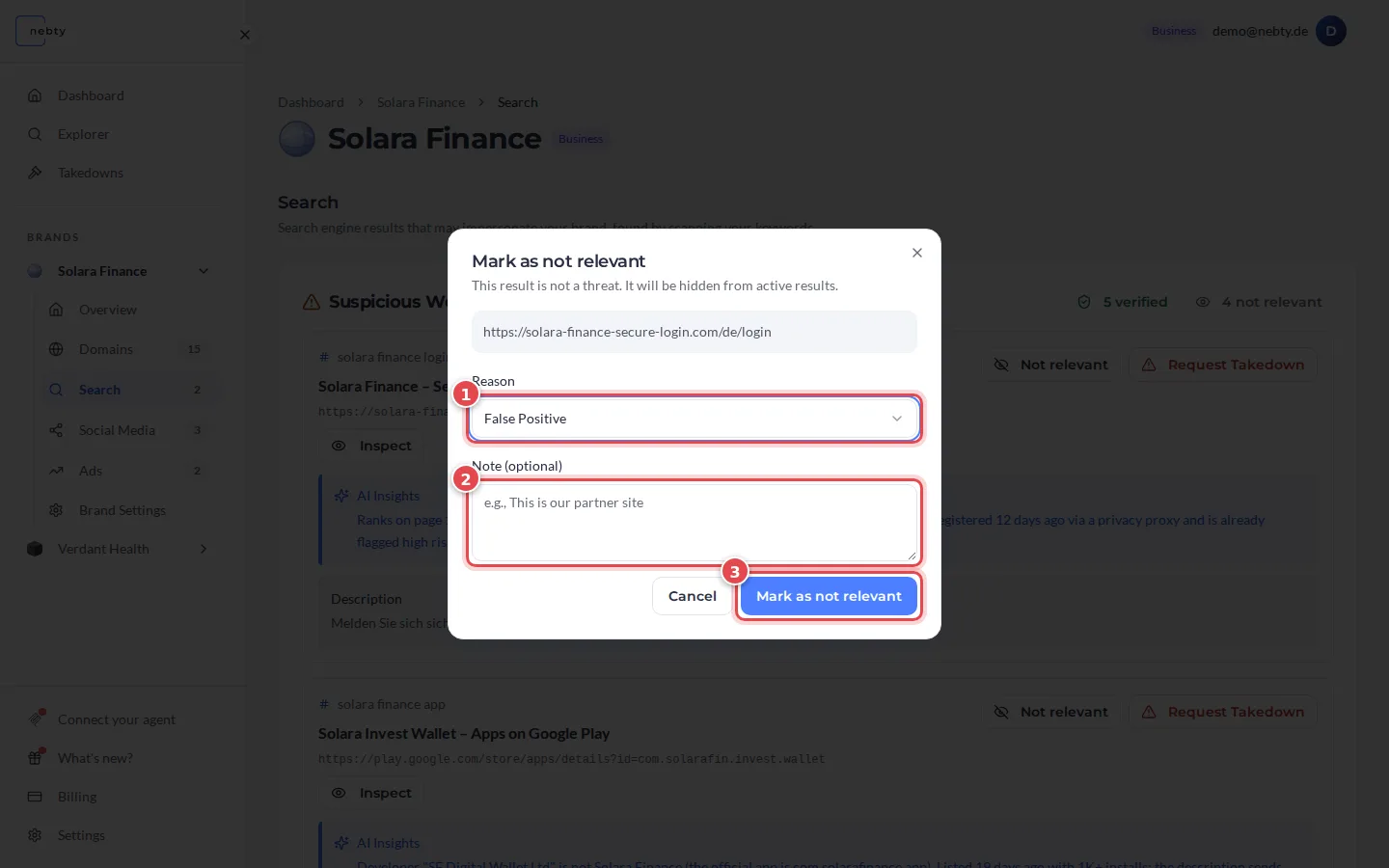 The Mark as not relevant dialog with the Reason field marked 1, the Note field marked 2 and the confirm button marked 3