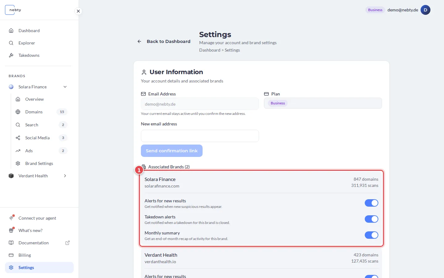 The Settings page with the notification switches of the first brand, Solara Finance, marked 1