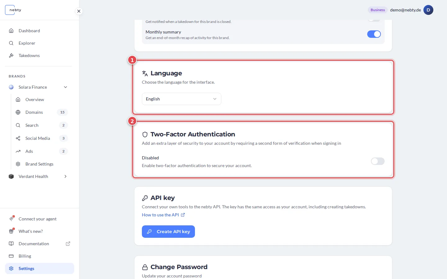 The Settings page with the Language card marked 1 and the Two-Factor Authentication card marked 2