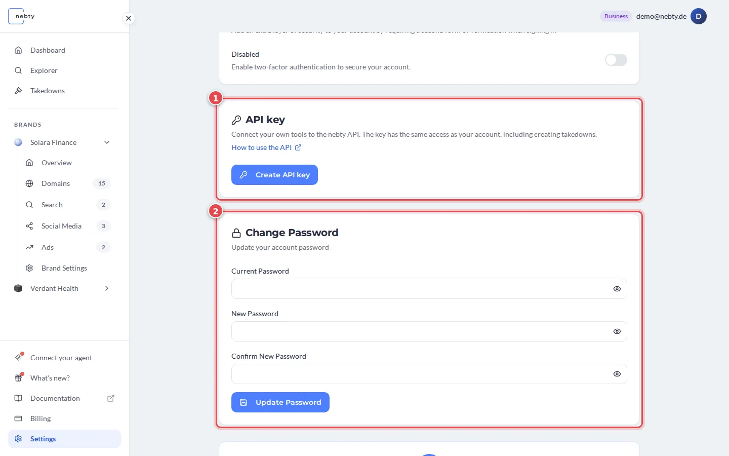 The Settings page with the API key card marked 1 and the Change Password card marked 2