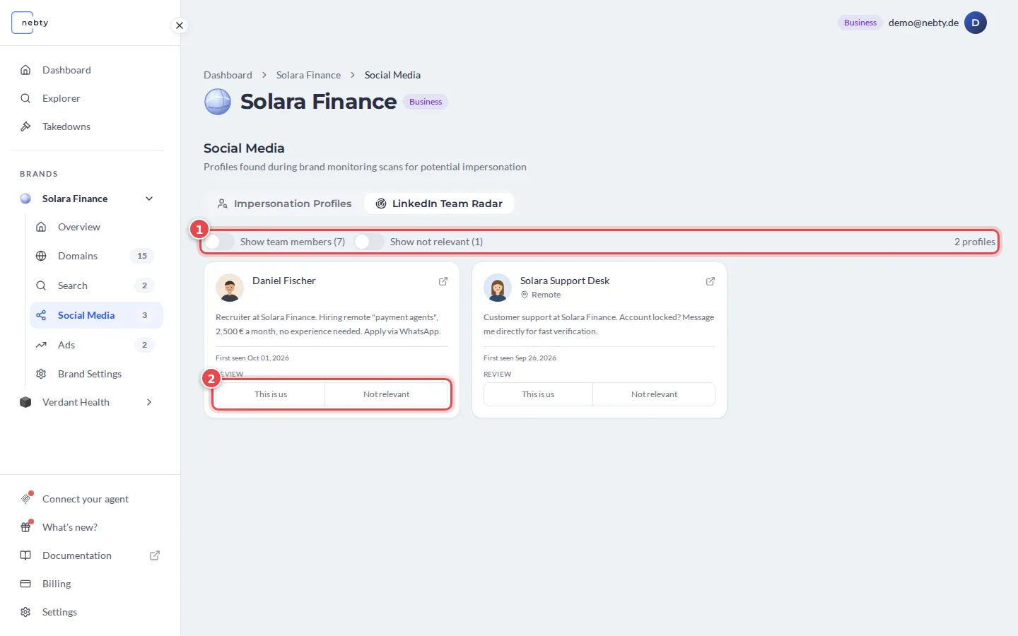 The LinkedIn Team Radar tab with the display switches marked 1 and the review buttons of the first profile marked 2