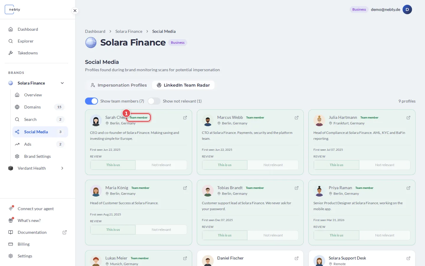 The LinkedIn Team Radar tab with team members shown and the Team member badge of the first profile marked 1