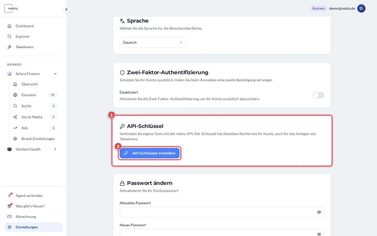 Einstellungen mit der Karte API-Schlüssel, markiert mit 1, und der Schaltfläche API-Schlüssel erstellen, markiert mit 2