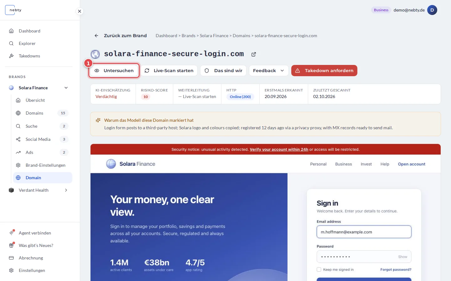 Domain-Detailansicht, die Schaltfläche Untersuchen ist mit 1 markiert