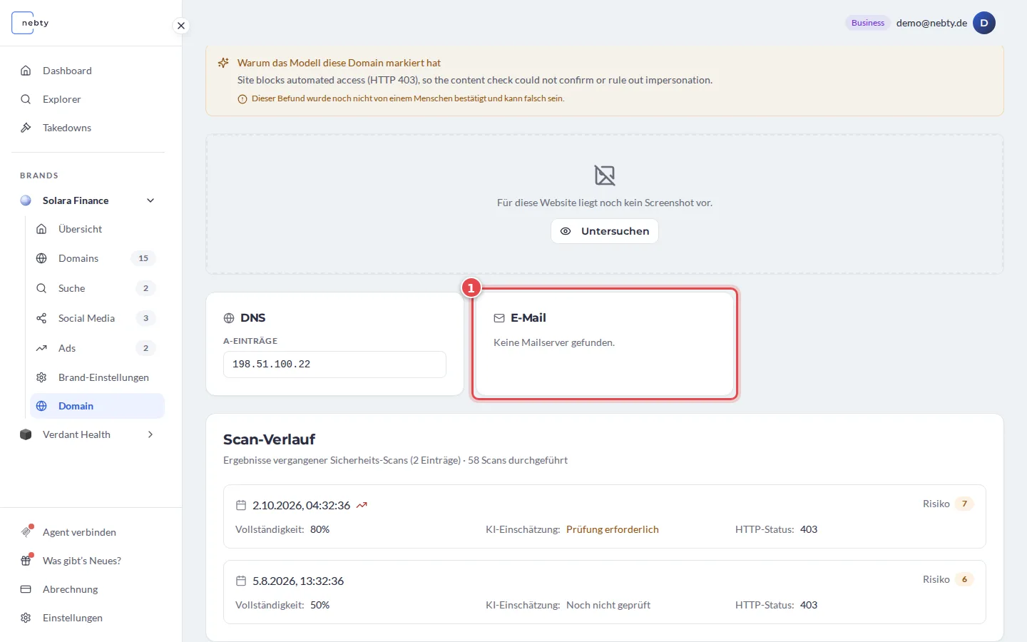 Feld E-Mail einer anderen Domain mit der Meldung, dass keine Mailserver gefunden wurden, mit 1 markiert