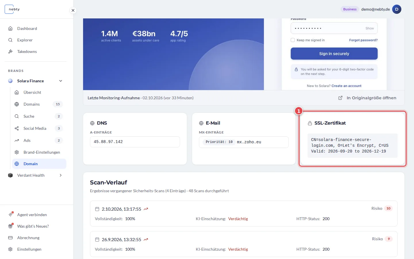 Feld SSL-Zertifikat mit Zertifikatsname, Organisation und Gültigkeitszeitraum, mit 1 markiert