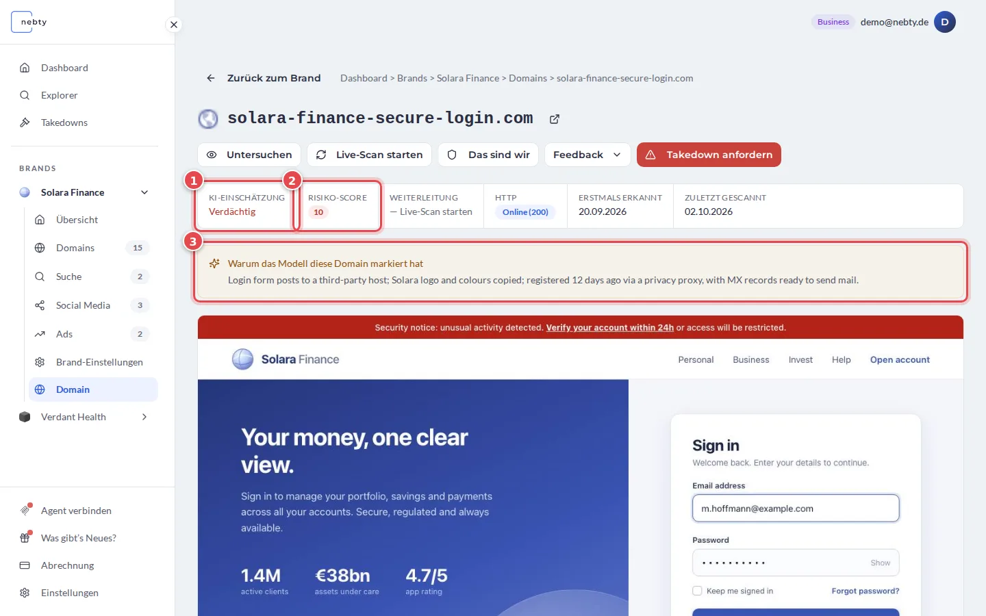 Detailseite einer Domain, die KI-Einschätzung ist mit 1, der Risiko-Score mit 2 und das Feld Warum das Modell diese Domain markiert hat mit 3 markiert