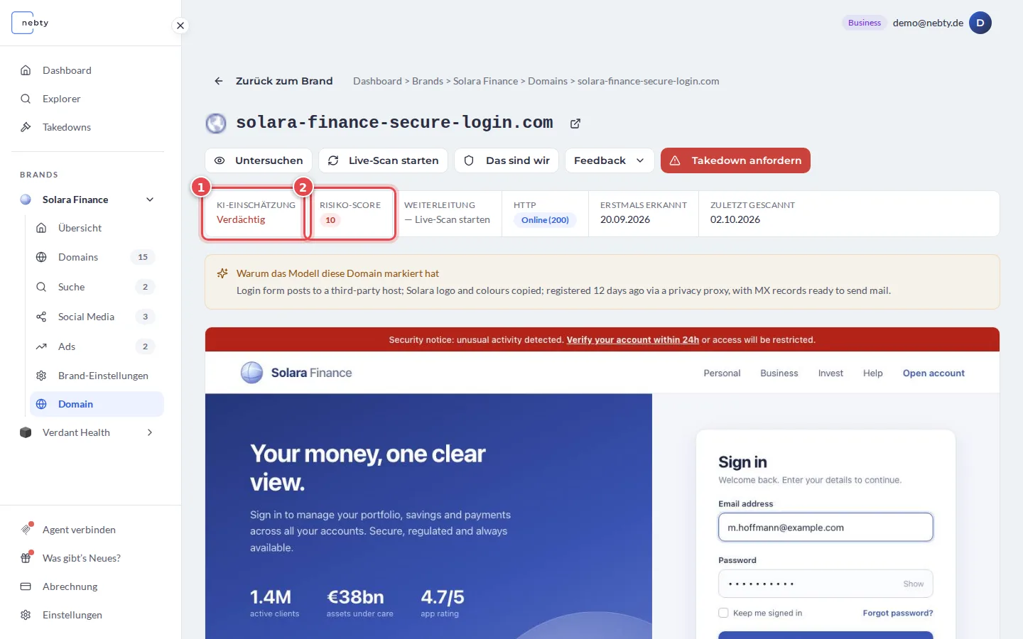 Detailseite einer Domain, die KI-Einschätzung ist mit 1 und der Risiko-Score mit 2 markiert