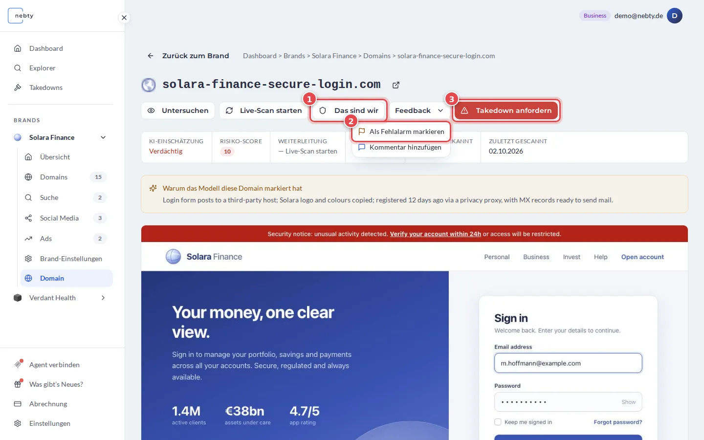 Domainseite, Das sind wir ist mit 1, Als Fehlalarm markieren im geöffneten Menü Feedback mit 2 und Takedown anfordern mit 3 markiert