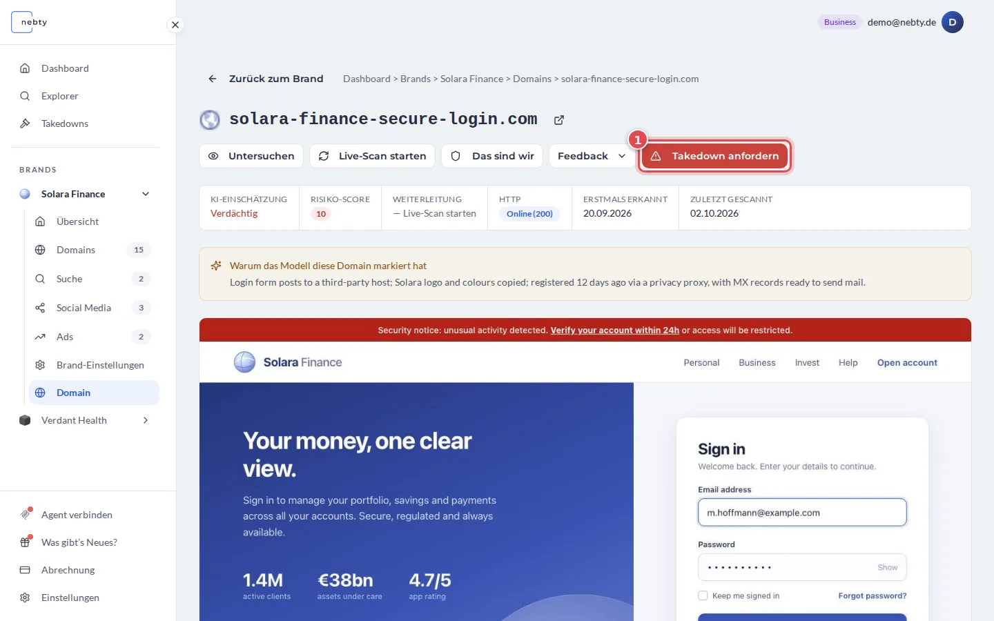 Detailseite einer Domain, die Schaltfläche Takedown anfordern ist mit 1 markiert
