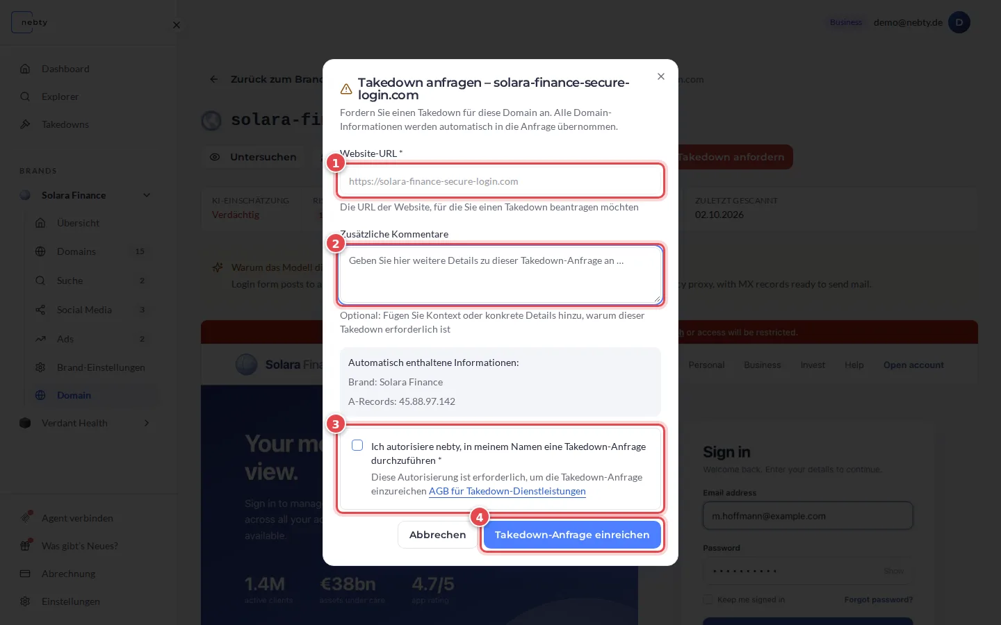 Formular Takedown anfragen mit URL-Feld, Kommentarfeld, Autorisierungs-Häkchen und Absenden, markiert mit 1 bis 4