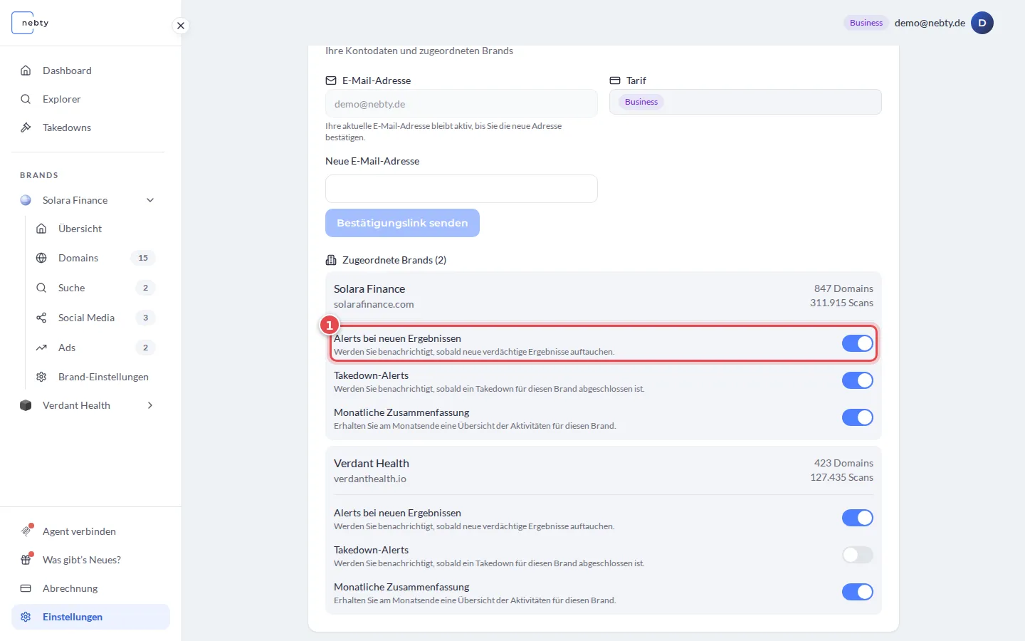 Einstellungen, der Schalter Alerts bei neuen Ergebnissen der Brand Solara Finance ist mit 1 markiert