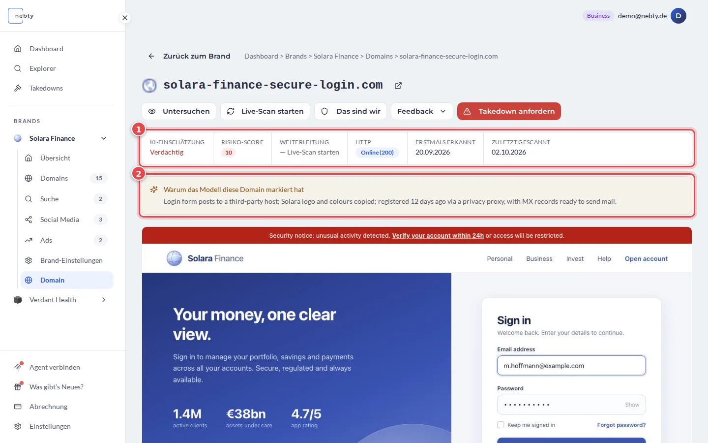 Detailseite einer Domain, die Übersichtsleiste ist mit 1 und das Feld Warum das Modell diese Domain markiert hat mit 2 markiert