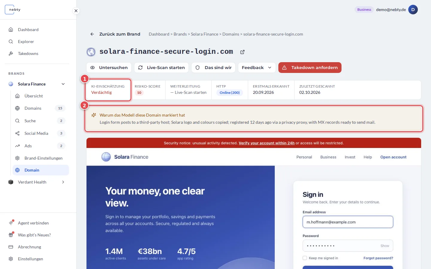 Detailseite einer Domain, die KI-Einschätzung ist mit 1 und der Kasten Warum das Modell diese Domain markiert hat mit 2 markiert