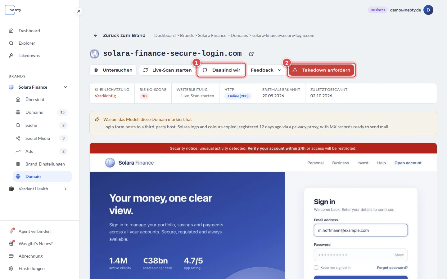 Detailseite einer Domain, die Schaltfläche Das sind wir ist mit 1 und die Schaltfläche Takedown anfordern mit 2 markiert