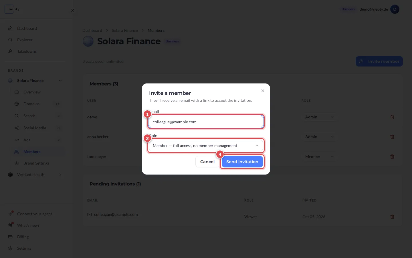 Invite a member dialog with the Email field marked 1, the Role list marked 2 and the Send invitation button marked 3