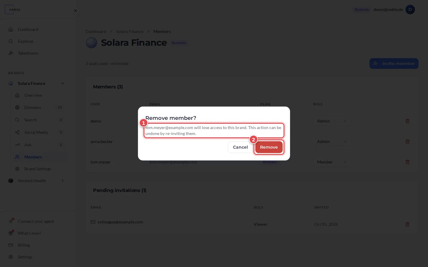 Remove member dialog with the warning text marked 1 and the Remove button marked 2