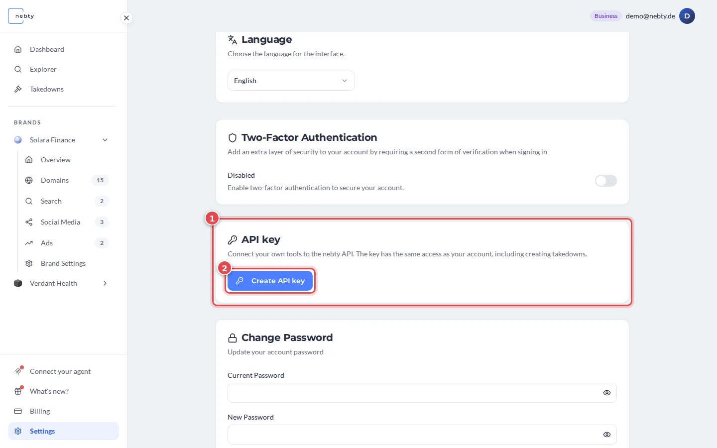 Settings page with the API key card marked 1 and the Create API key button marked 2