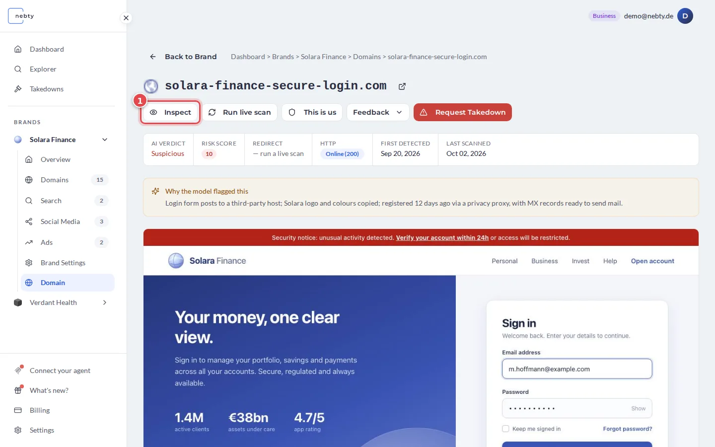 Domain detail view with the Inspect button marked 1