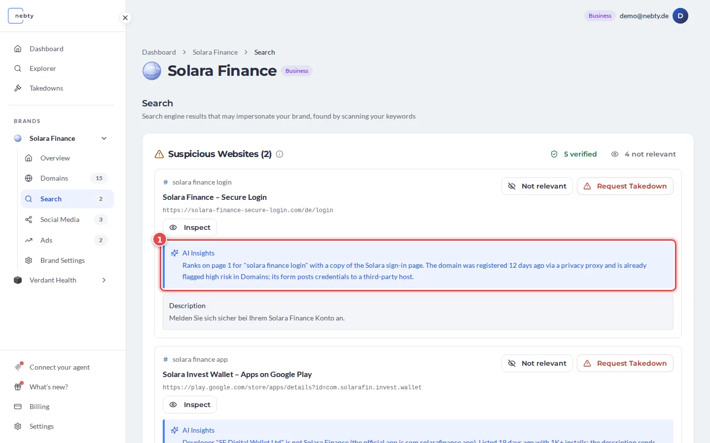 Search results with the AI Insights box of the first result marked 1
