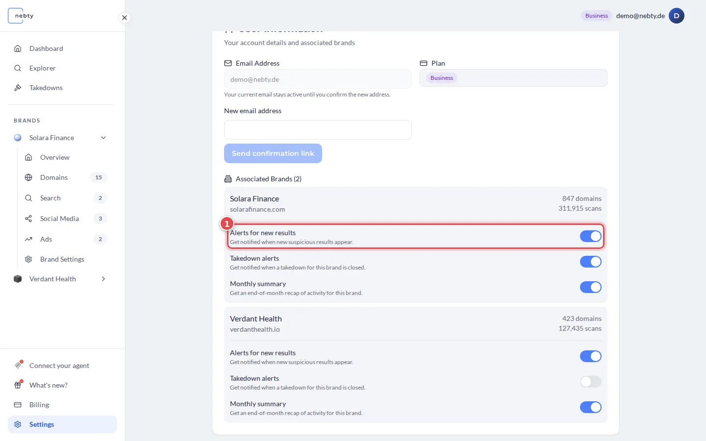 Settings page with the Alerts for new results toggle of the brand Solara Finance marked as 1