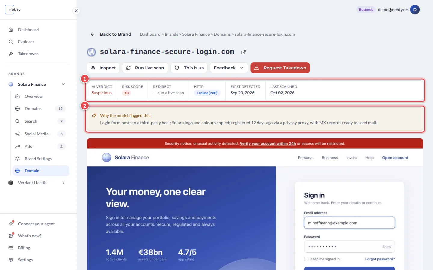 Domain detail page with the summary bar marked 1 and the box Why the model flagged this marked 2