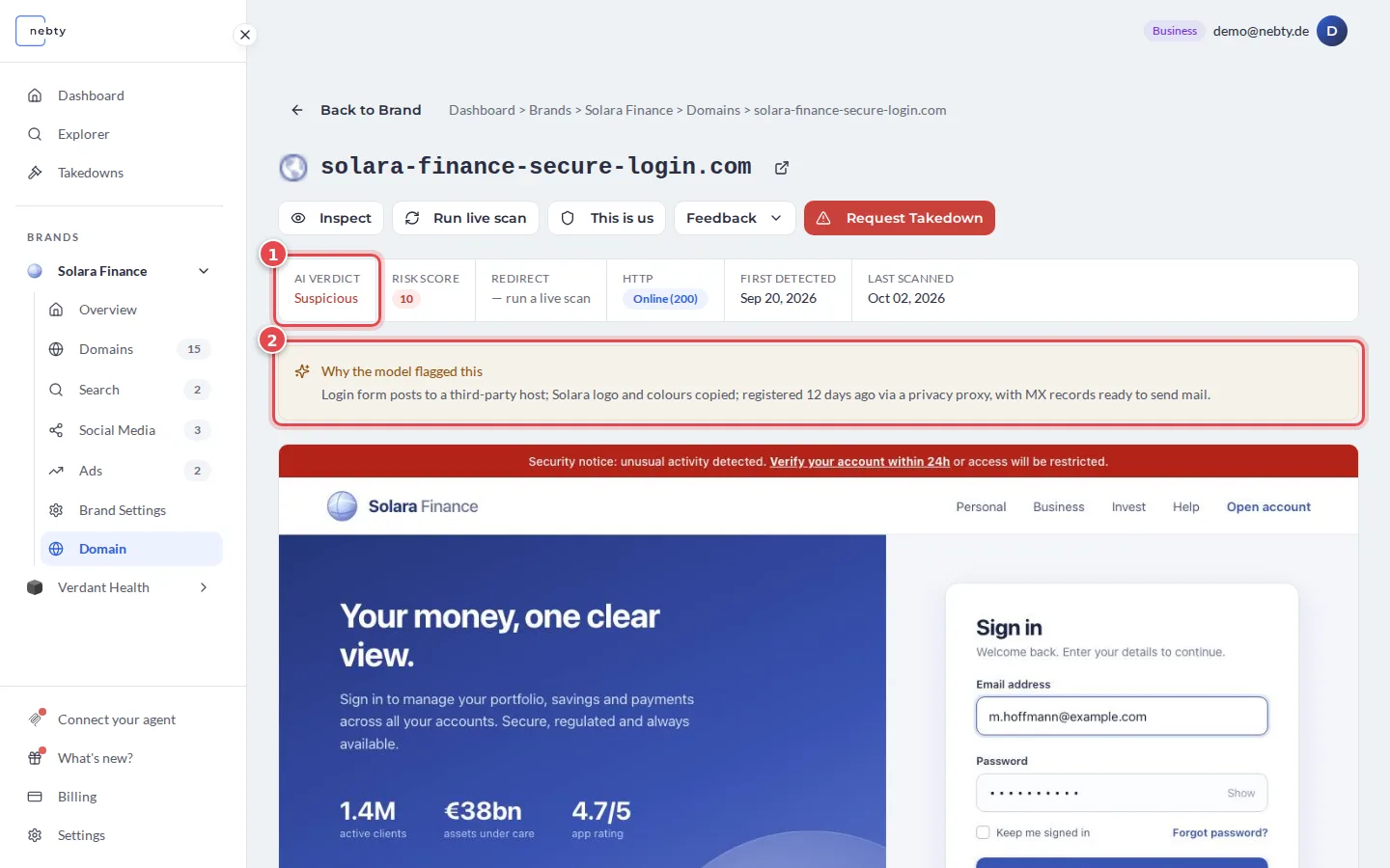 Domain detail page with the AI Verdict marked 1 and the box Why the model flagged this marked 2